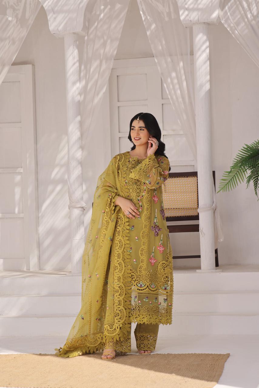 3PC EMBROIDERED DHANAK SUIT - RO-585