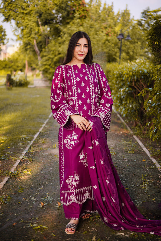 3PC EMBROIDERED DHANAK DRESS RO - 511