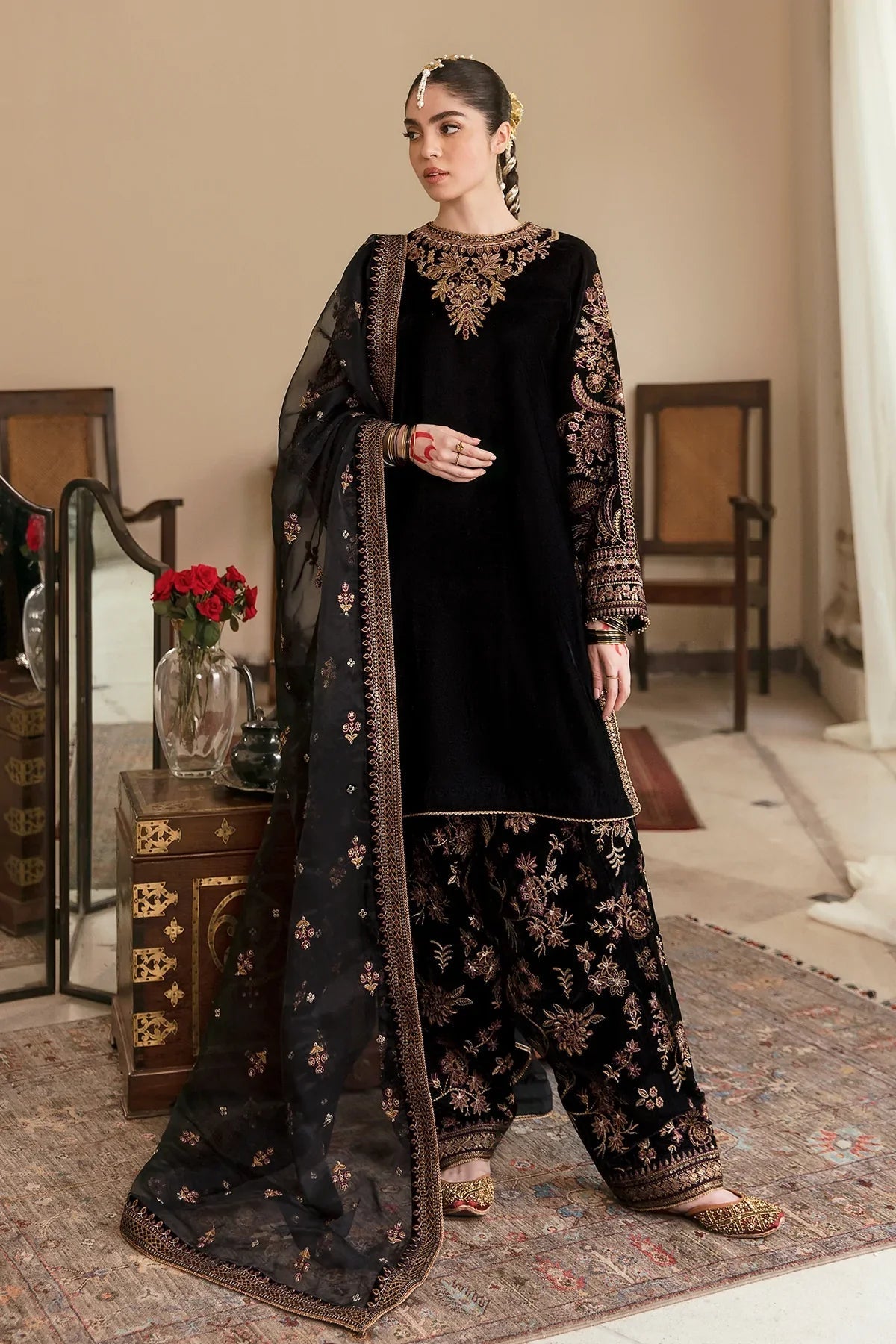 3PC EMBROIDERED MICRO 9000 VELVET DRESS - RO-532