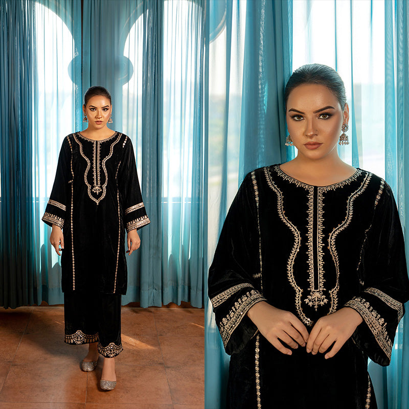 3PC EMBROIDERED MICRO 9000 VELVET DRESS - RO-533