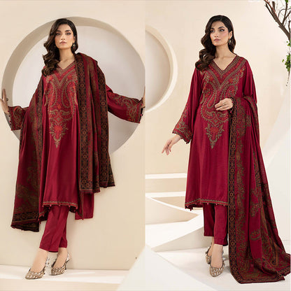 3PC EMBROIDERED DHANAK DRESS RO - 498