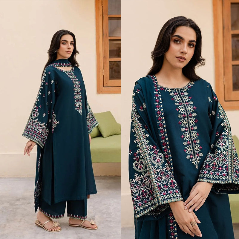 3PC EMBROIDERED DHANAK SUIT - RO-624