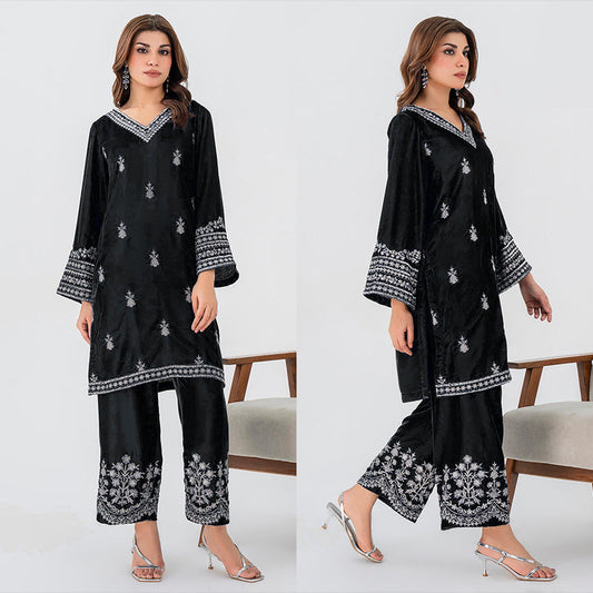 2PC EMBROIDERED MICRO 9000 VELVET DRESS - RO-536