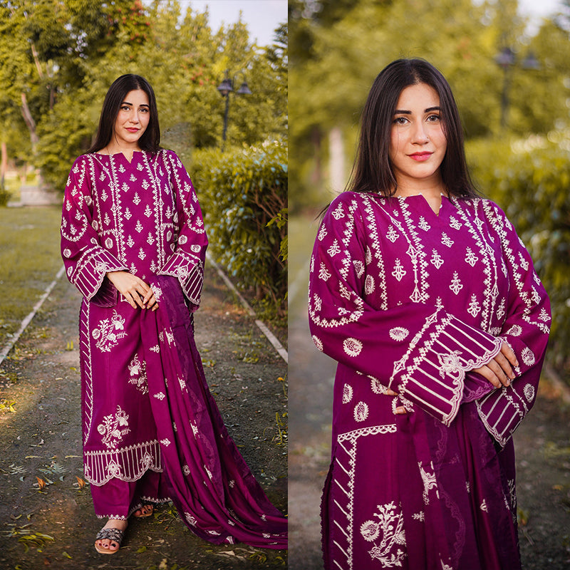 3PC EMBROIDERED DHANAK DRESS RO - 511