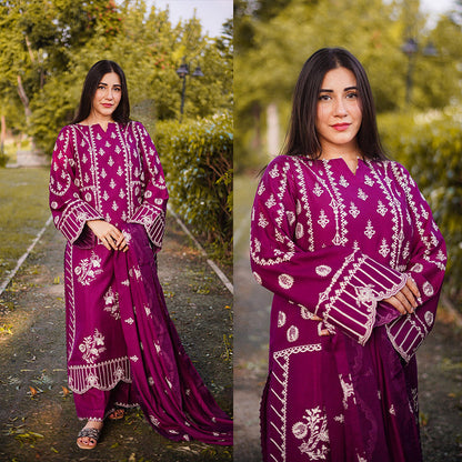 3PC EMBROIDERED DHANAK DRESS RO - 511