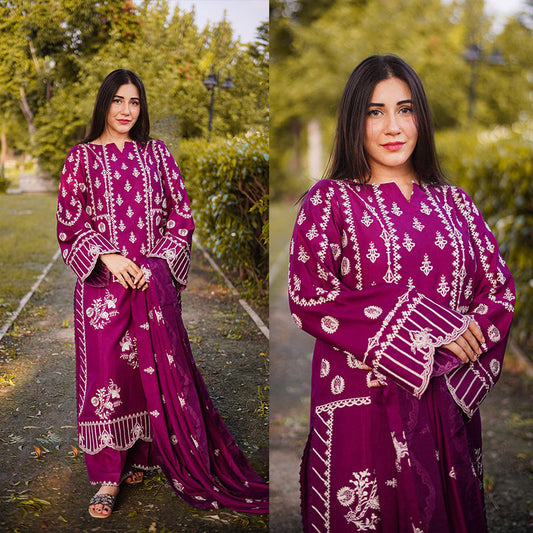 3PC EMBROIDERED DHANAK DRESS RO - 511