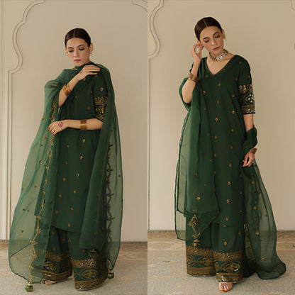 3PC EMBROIDERED DHANAK DRESS RO - 547