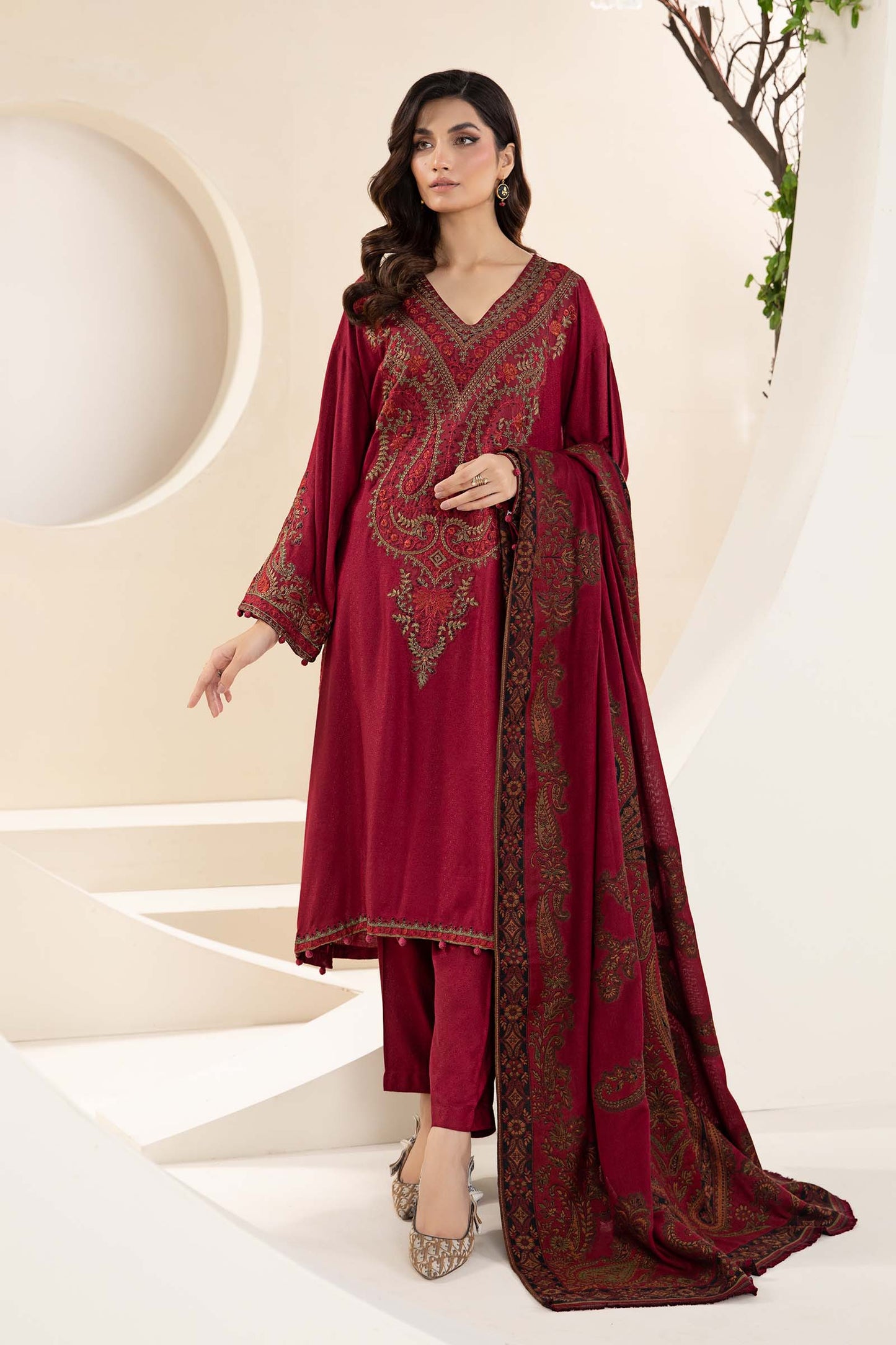 3PC EMBROIDERED DHANAK DRESS RO - 498