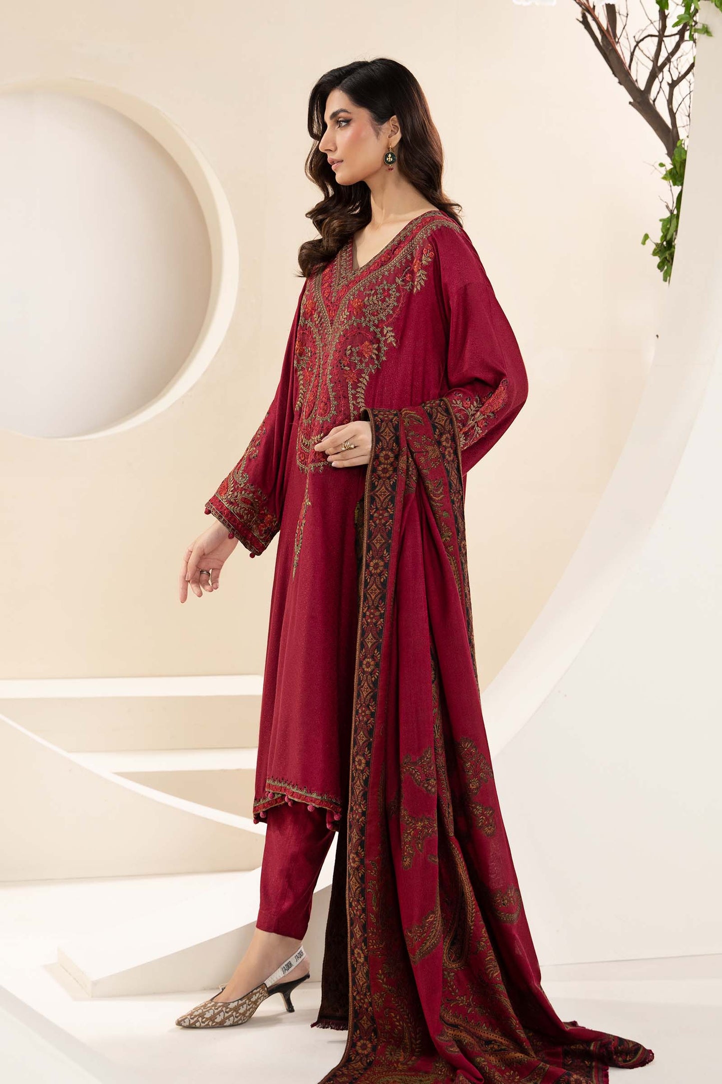3PC EMBROIDERED DHANAK DRESS RO - 498