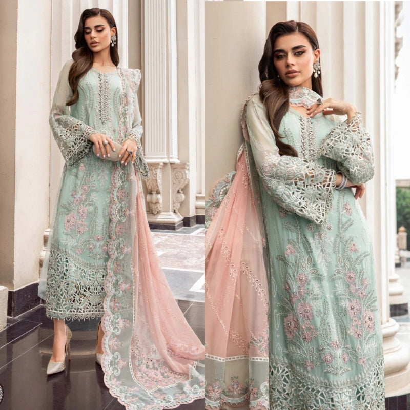 3PC EMBROIDERED DHANAK DRESS RO - 527