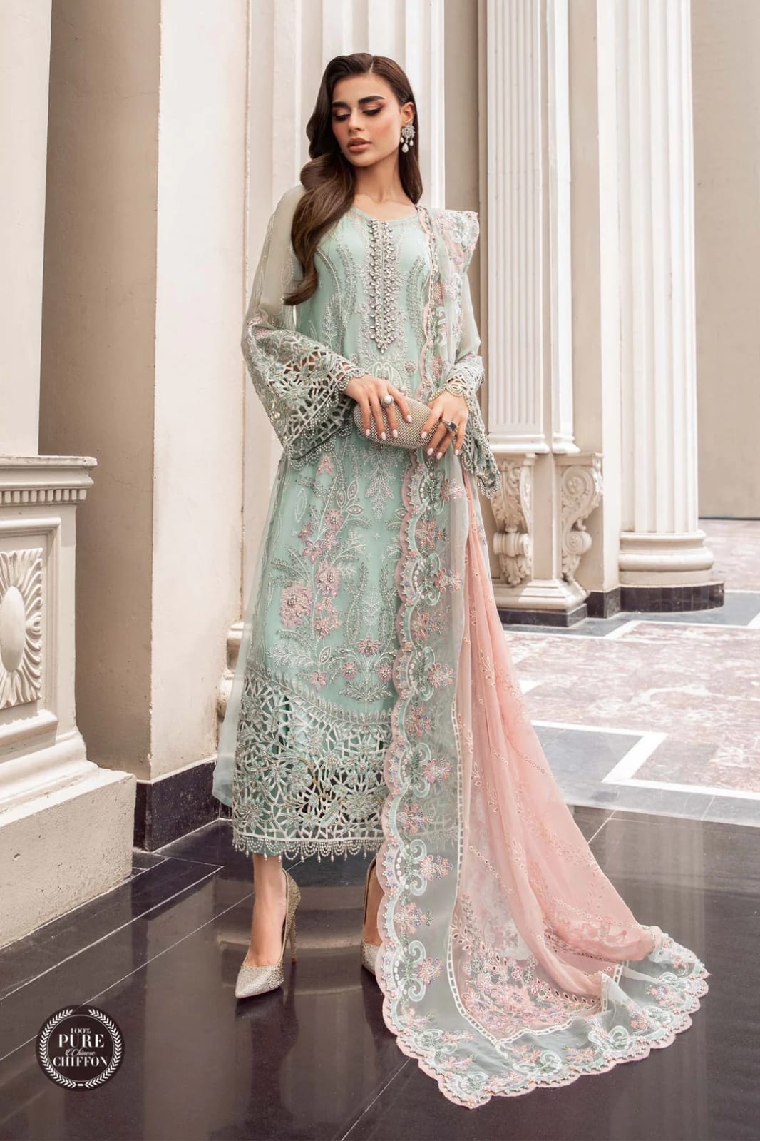 3PC EMBROIDERED DHANAK DRESS RO - 527