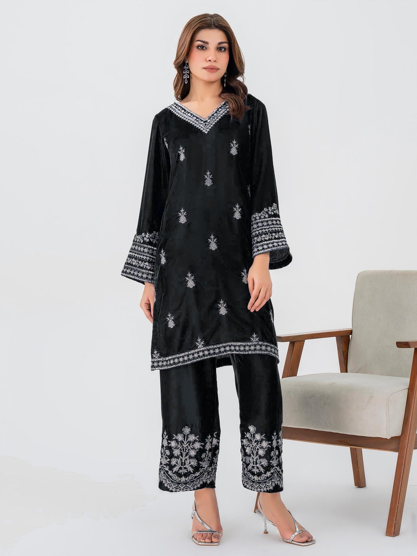 2PC EMBROIDERED MICRO 9000 VELVET DRESS - RO-536