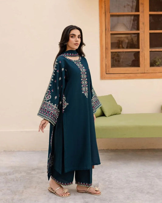 3PC EMBROIDERED DHANAK SUIT - RO-624