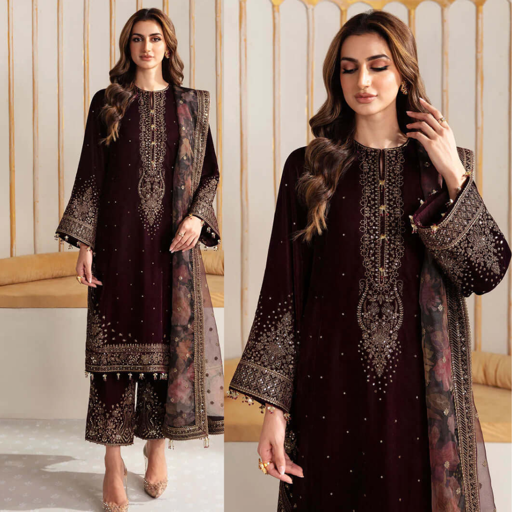 3PC EMBROIDERED MICRO 9000 VELVET DRESS - RO-530